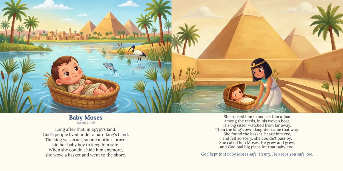 Spread 3 of 10, Baby Moses: both printed pages, illustrated in a painted storybook style, with the rhymed lines below the painting.