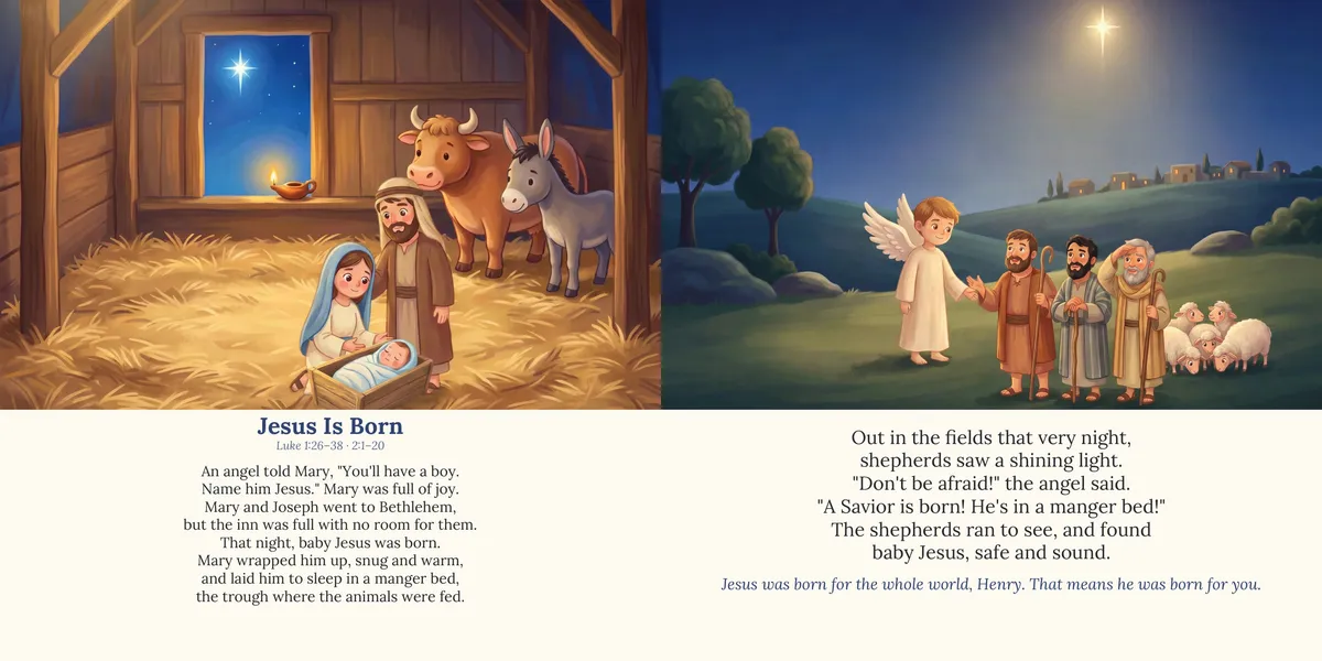 Spread 7 of 10, Jesus Is Born: both printed pages, illustrated in a painted storybook style, with the rhymed lines below the painting.