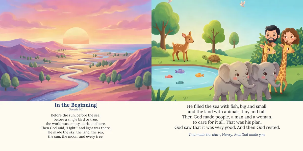 Spread 1 of 10, In the Beginning: both printed pages, illustrated in a painted storybook style, with the rhymed lines below the painting.