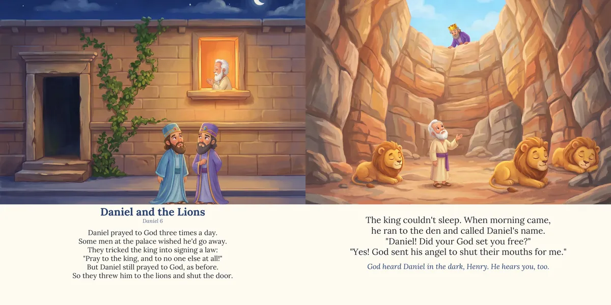 Spread 5 of 10, Daniel and the Lions: both printed pages, illustrated in a painted storybook style, with the rhymed lines below the painting.
