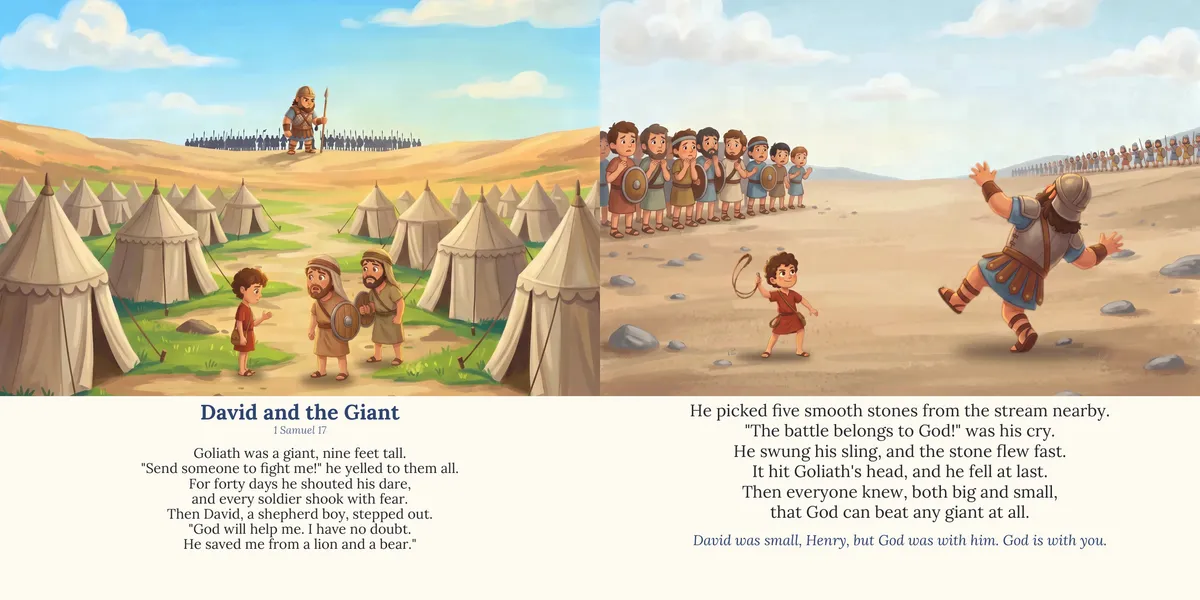 Spread 4 of 10, David and the Giant: both printed pages, illustrated in a painted storybook style, with the rhymed lines below the painting.