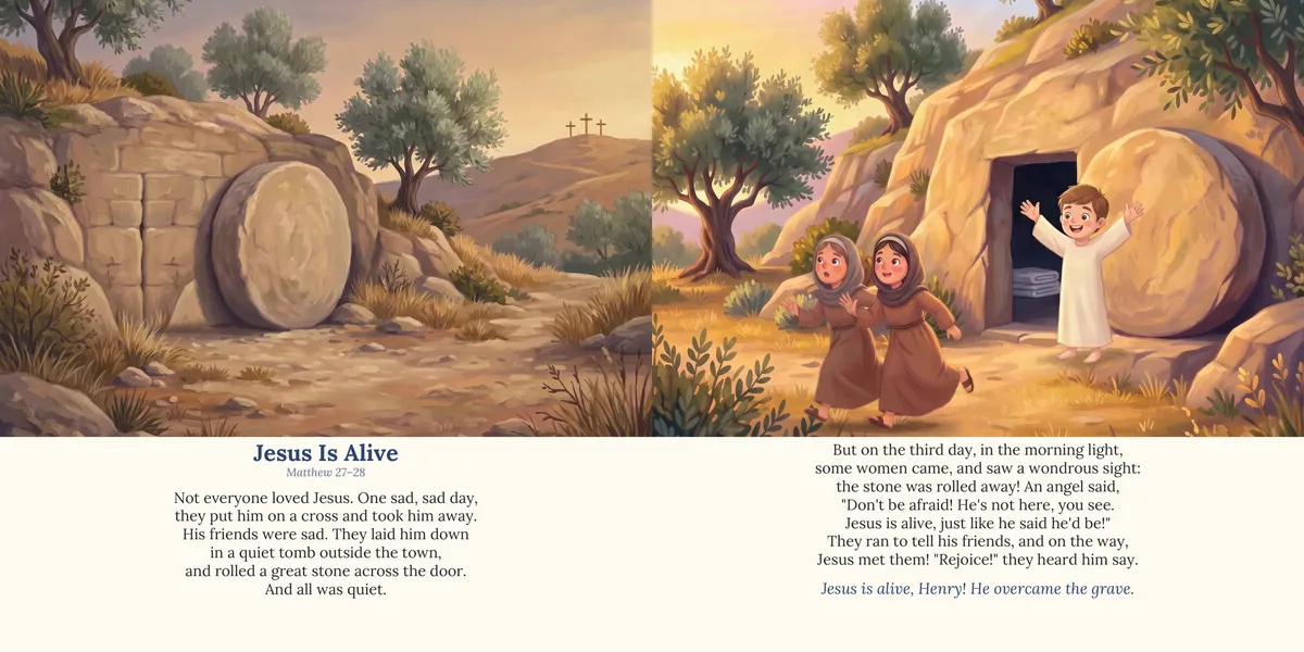 Spread 10 of 10, Jesus Is Alive: both printed pages, illustrated in a painted storybook style, with the rhymed lines below the painting.