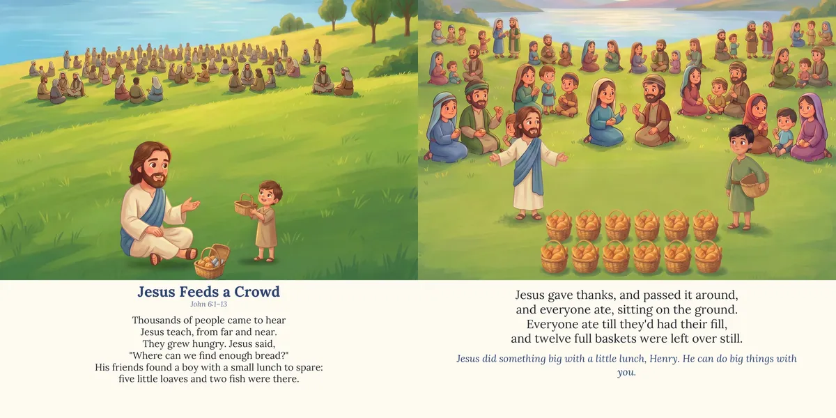 Spread 8 of 10, Jesus Feeds a Crowd: both printed pages, illustrated in a painted storybook style, with the rhymed lines below the painting.