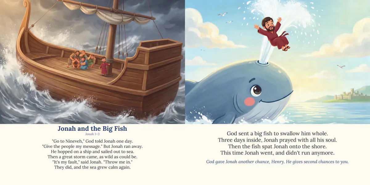 Spread 6 of 10, Jonah and the Big Fish: both printed pages, illustrated in a painted storybook style, with the rhymed lines below the painting.