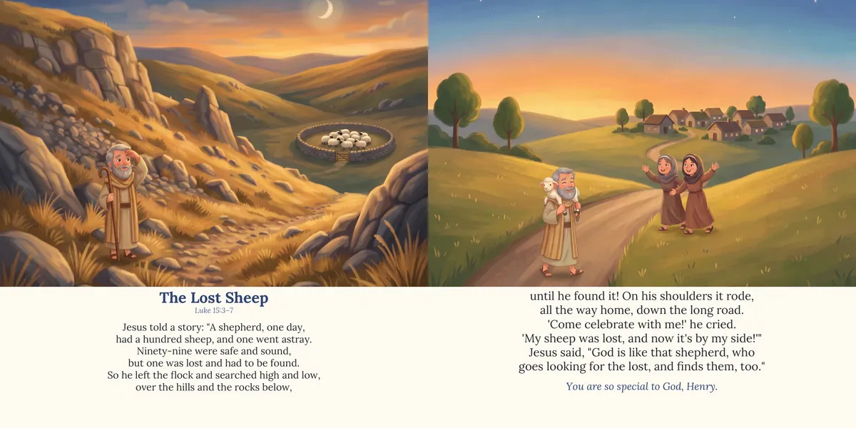 Spread 9 of 10, The Lost Sheep: both printed pages, illustrated in a painted storybook style, with the rhymed lines below the painting.