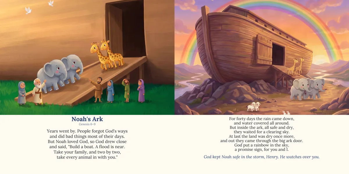 Spread 2 of 10, Noah's Ark: both printed pages, illustrated in a painted storybook style, with the rhymed lines below the painting.