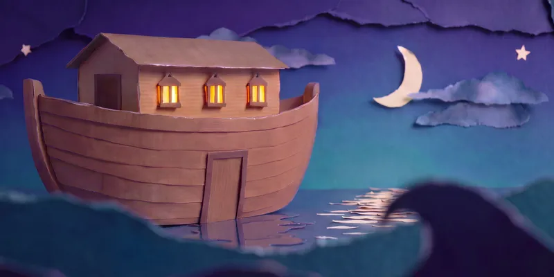 Spread 1 of 11, The ark at night. Cut-paper scene: the ark on dark water under a crescent moon, its windows lit from inside.