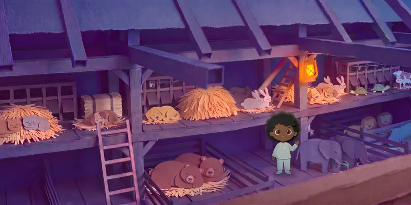 Spread 2 of 11, Inside the ark. Cut-paper scene inside the ark: small animals asleep in pairs on the top deck, bears and elephants below, and the sample child waving goodnight.