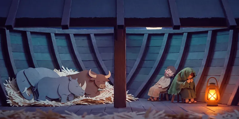 Spread 6 of 11, By the hull. Cut-paper scene: an elephant, a rhino and a bull asleep against the curved wooden hull, and two of Noah's sons dozing by a lamp.