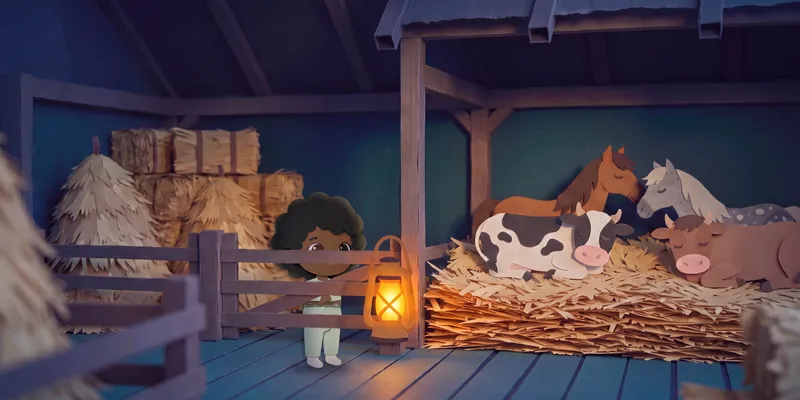 Spread 9 of 11, Horses and cows. Cut-paper scene: the sample child looks over a gate at horses and cows asleep on hay, with a tall haystack behind.