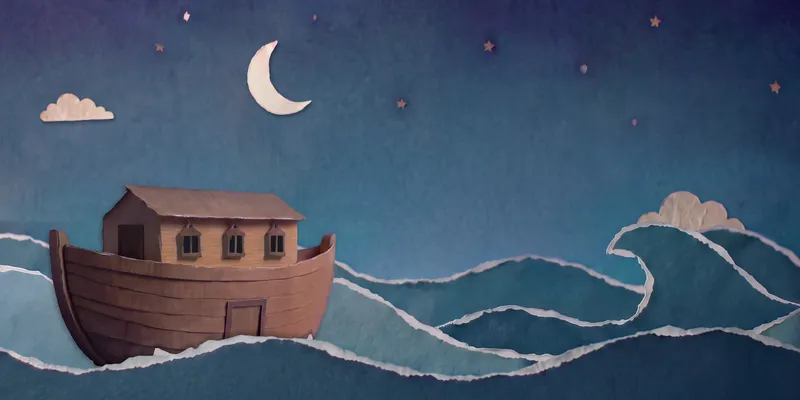 Spread 11 of 11, Lights out. Cut-paper scene: the ark on calm water at night with all its lights out, under the moon and small stars.