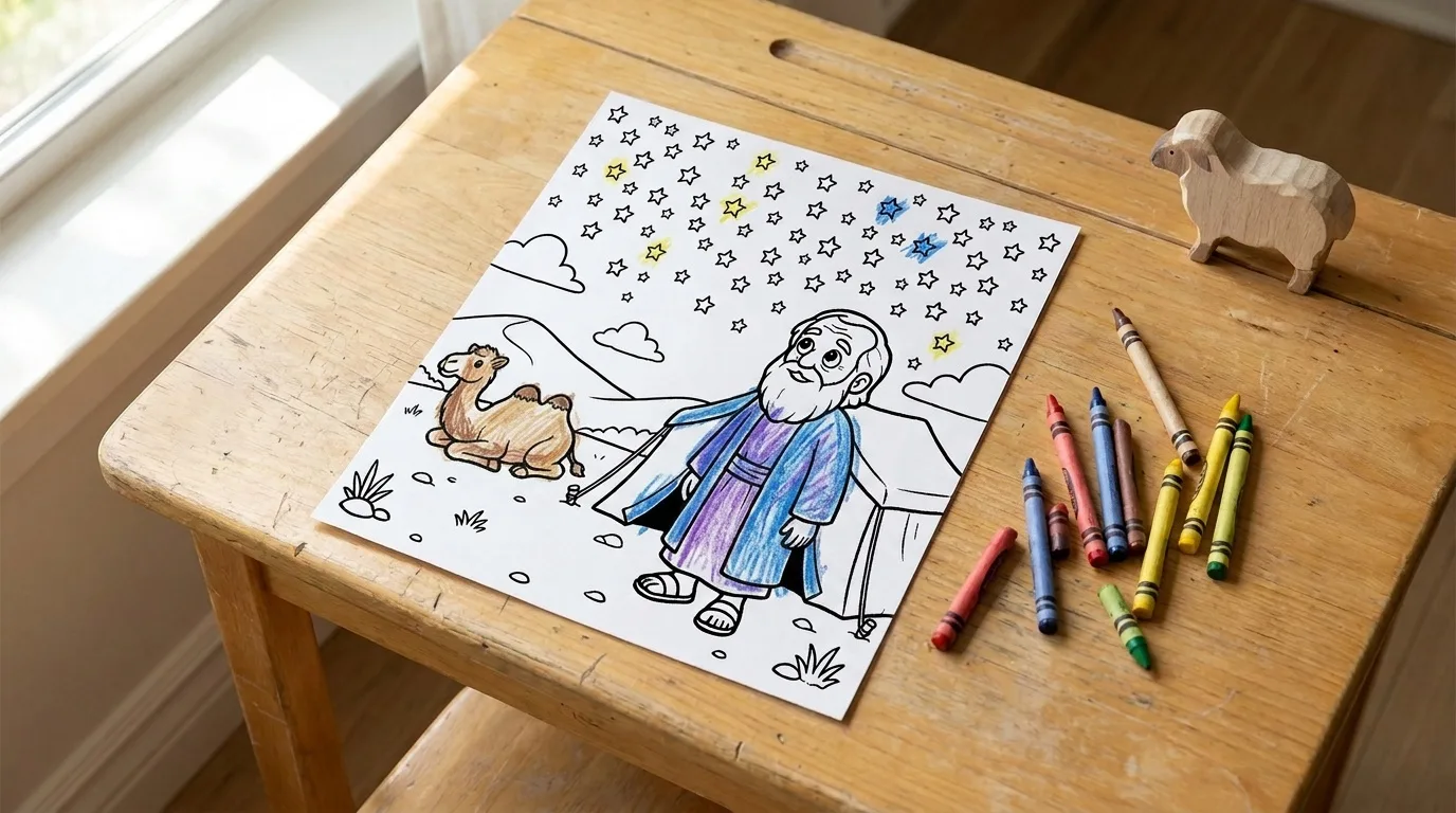 Illustration: the Abraham coloring page on a child's desk, partly colored in with crayon, a few crayons beside it