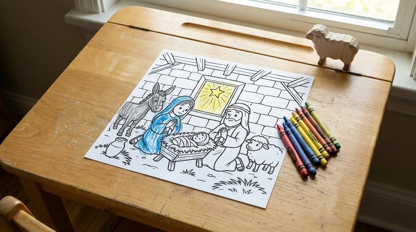 Illustration: the Birth of Jesus coloring page on a child's desk, partly colored in with crayon, a few crayons beside it