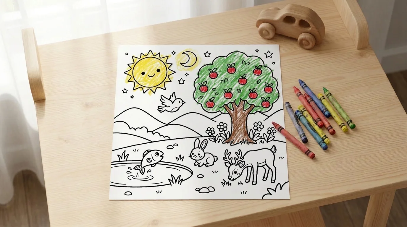 Illustration: the Creation coloring page on a child's desk, partly colored in with crayon, a few crayons beside it