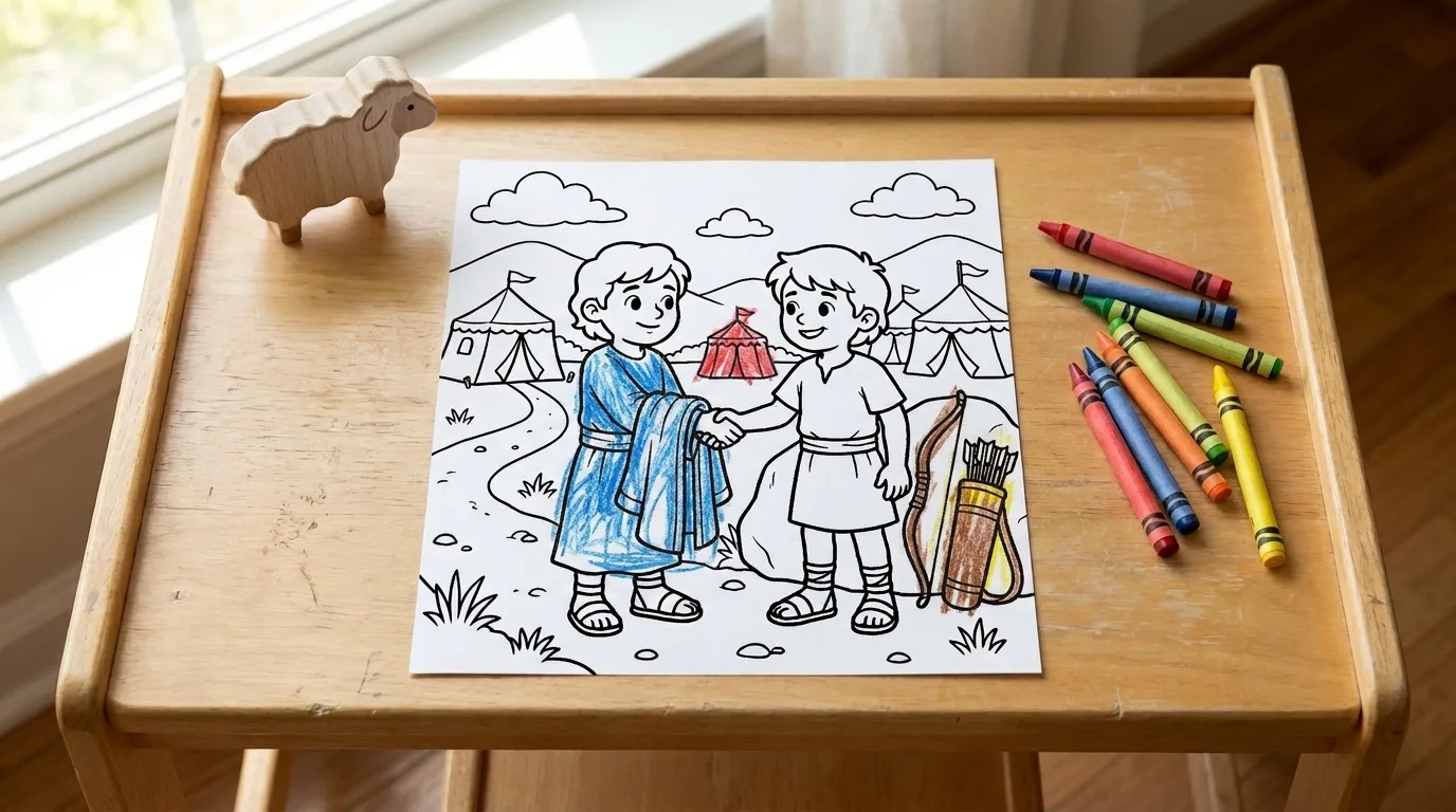 Illustration: the David and Jonathan coloring page on a child's desk, partly colored in with crayon, a few crayons beside it