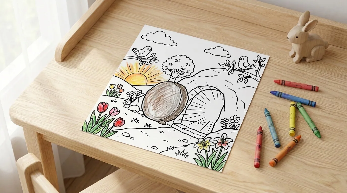 Illustration: the Easter resurrection coloring page on a child's desk, partly colored in with crayon, a few crayons beside it