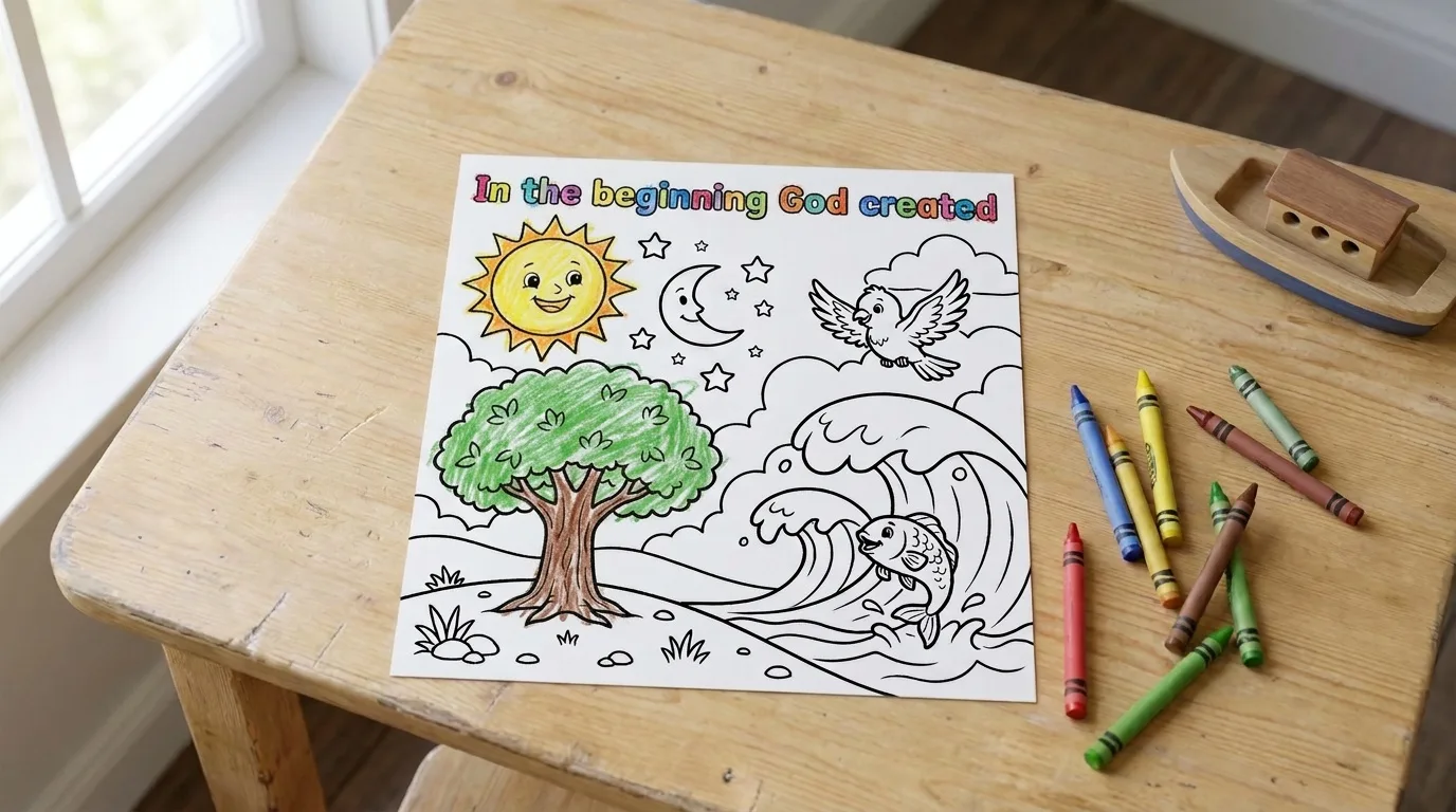 Illustration: the In the Beginning coloring page on a child's desk, partly colored in with crayon, a few crayons beside it