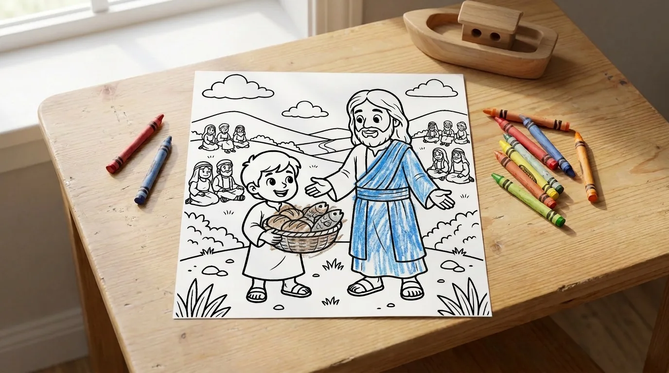 Illustration: the Jesus Feeds the 5000 coloring page on a child's desk, partly colored in with crayon, a few crayons beside it