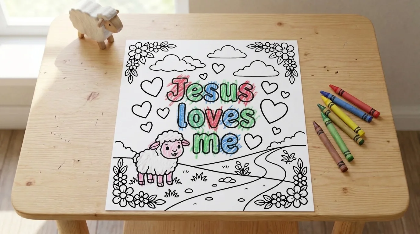 Illustration: the Jesus Loves Me coloring page on a child's desk, partly colored in with crayon, a few crayons beside it
