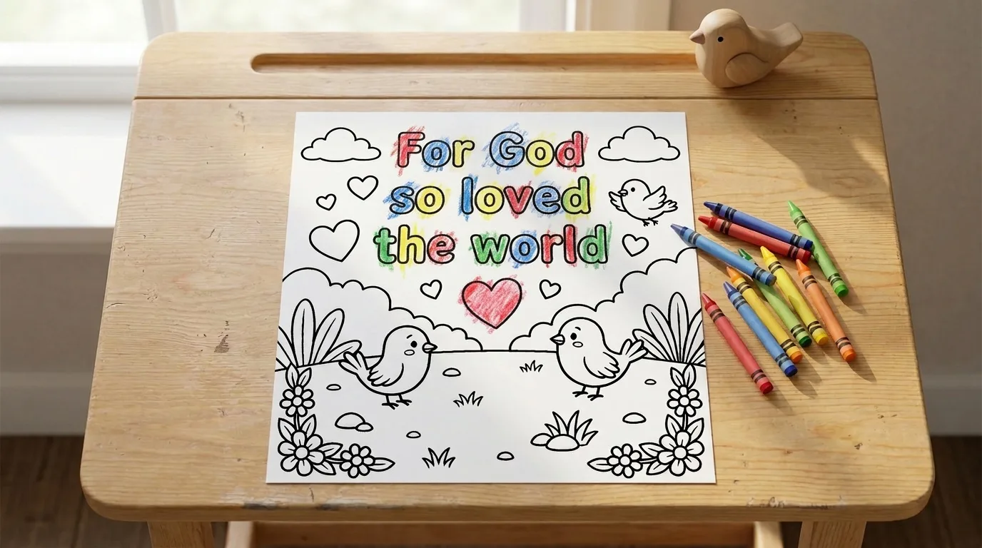 Illustration: the John 3:16 coloring page on a child's desk, partly colored in with crayon, a few crayons beside it