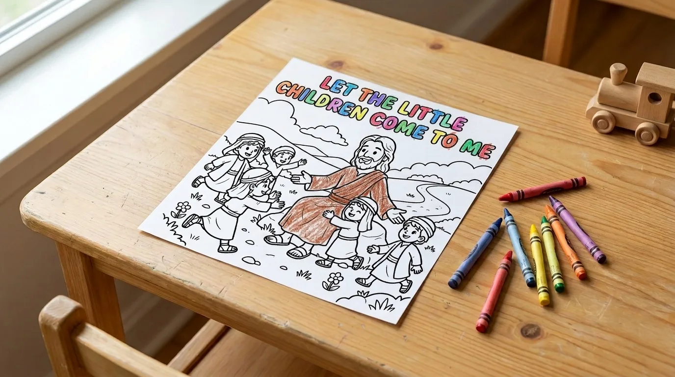 Illustration: the Let the Children Come coloring page on a child's desk, partly colored in with crayon, a few crayons beside it