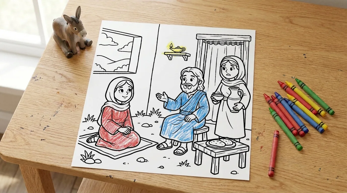 Illustration: the Mary and Martha coloring page on a child's desk, partly colored in with crayon, a few crayons beside it