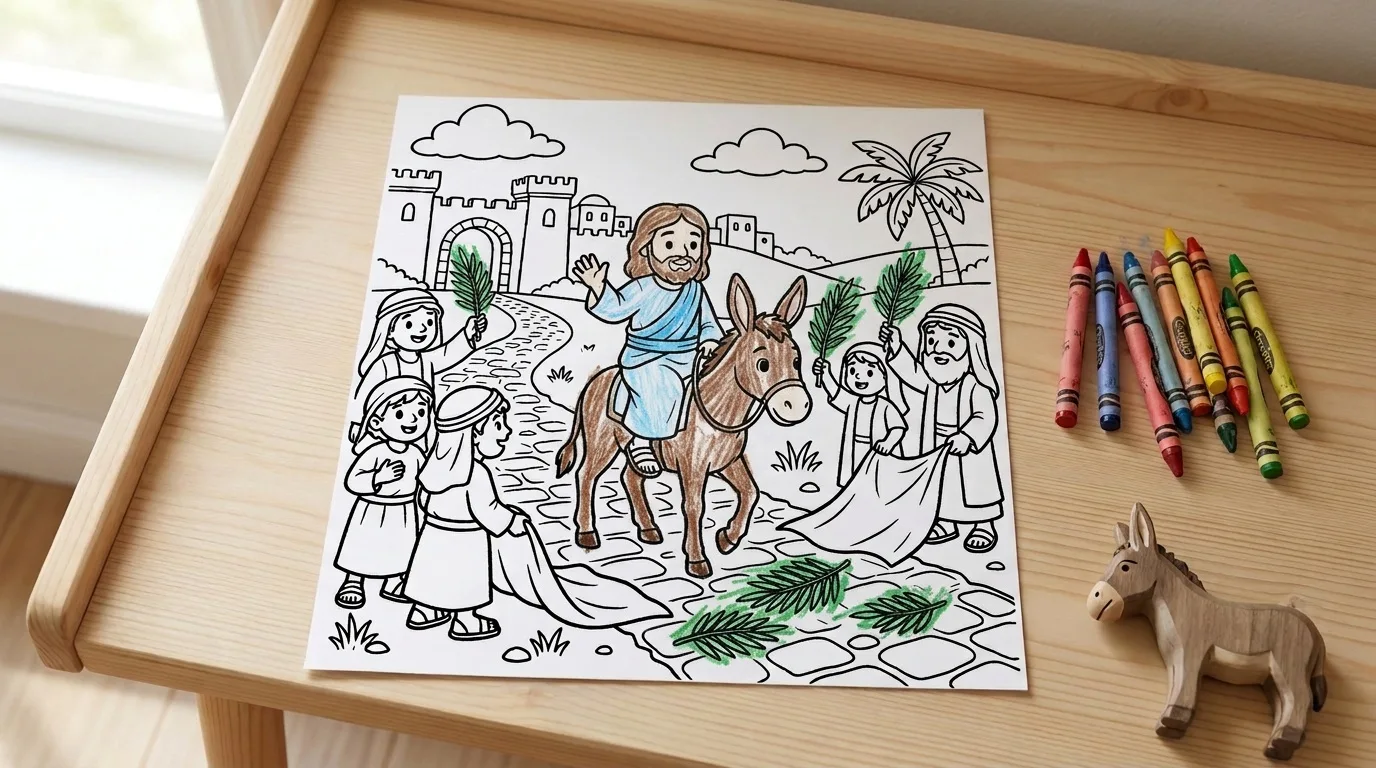 Illustration: the Palm Sunday coloring page on a child's desk, partly colored in with crayon, a few crayons beside it
