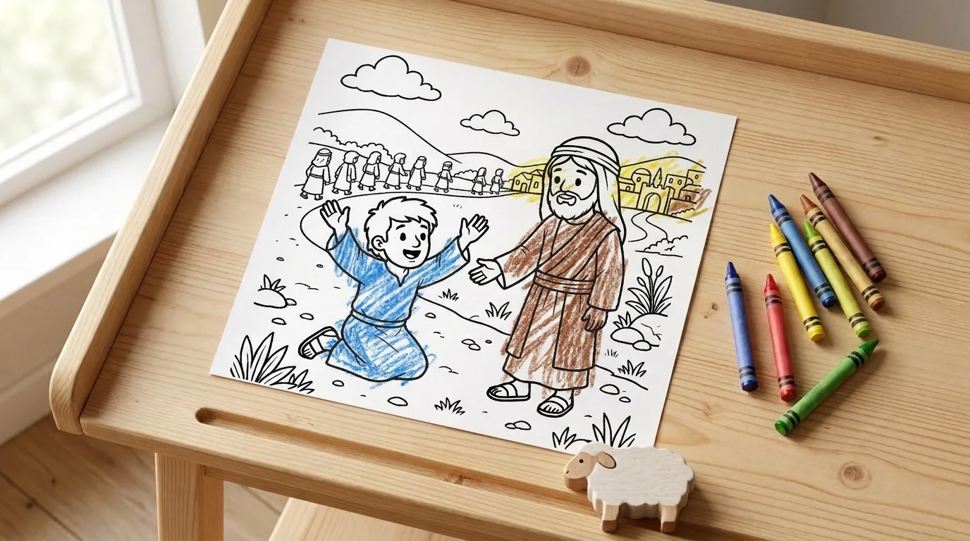 Illustration: the Ten Lepers coloring page on a child's desk, partly colored in with crayon, a few crayons beside it