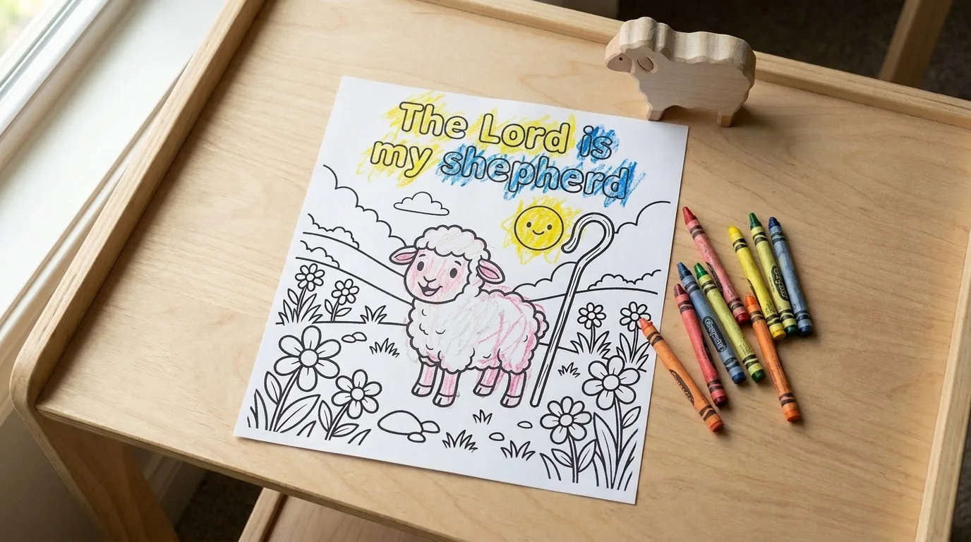 Illustration: the The Lord Is My Shepherd coloring page on a child's desk, partly colored in with crayon, a few crayons beside it