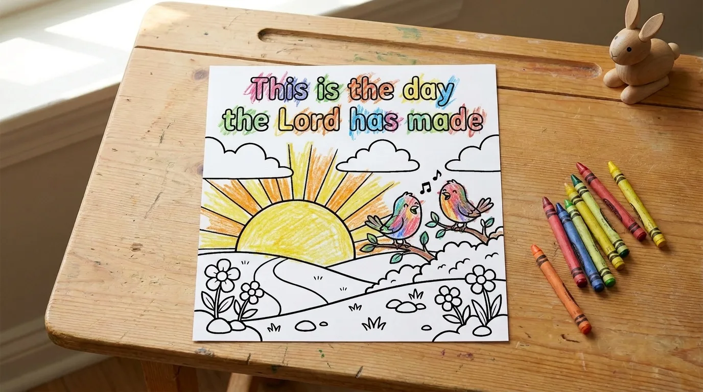 Illustration: the This Is the Day coloring page on a child's desk, partly colored in with crayon, a few crayons beside it