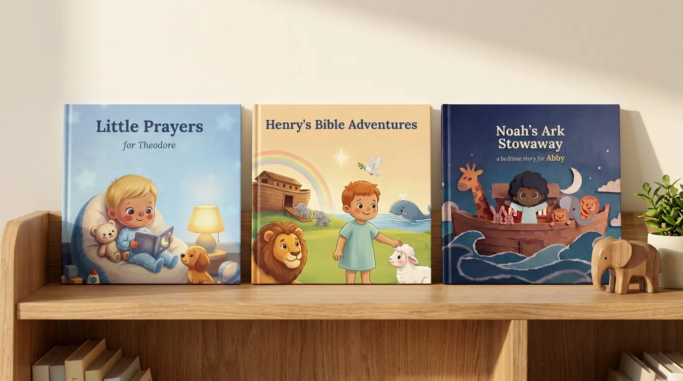 Illustration: the three keepsake books, Little Prayers, Bible Adventures and Noah's Ark Stowaway, standing on a child's bookshelf