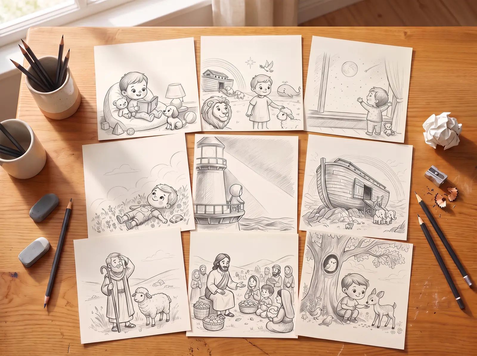 Illustration: pencil sketches of Little Prayers and Bible Adventures scenes laid out on a drawing desk