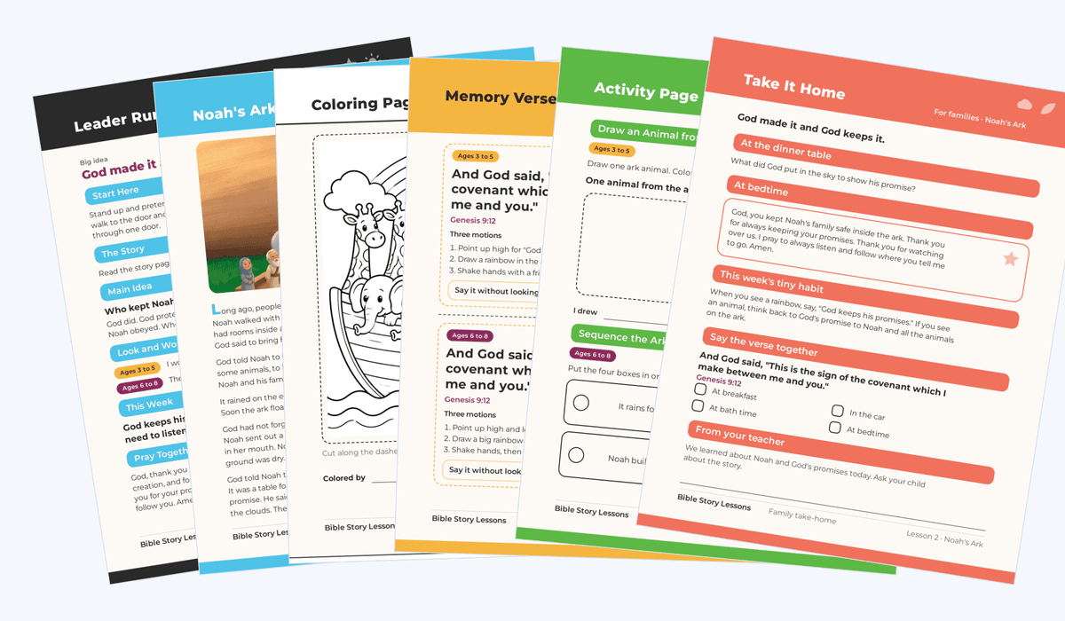 Six printed pages of one lesson, spread out: leader run sheet, story page, coloring page, memory verse cards, activity page and family take-home.