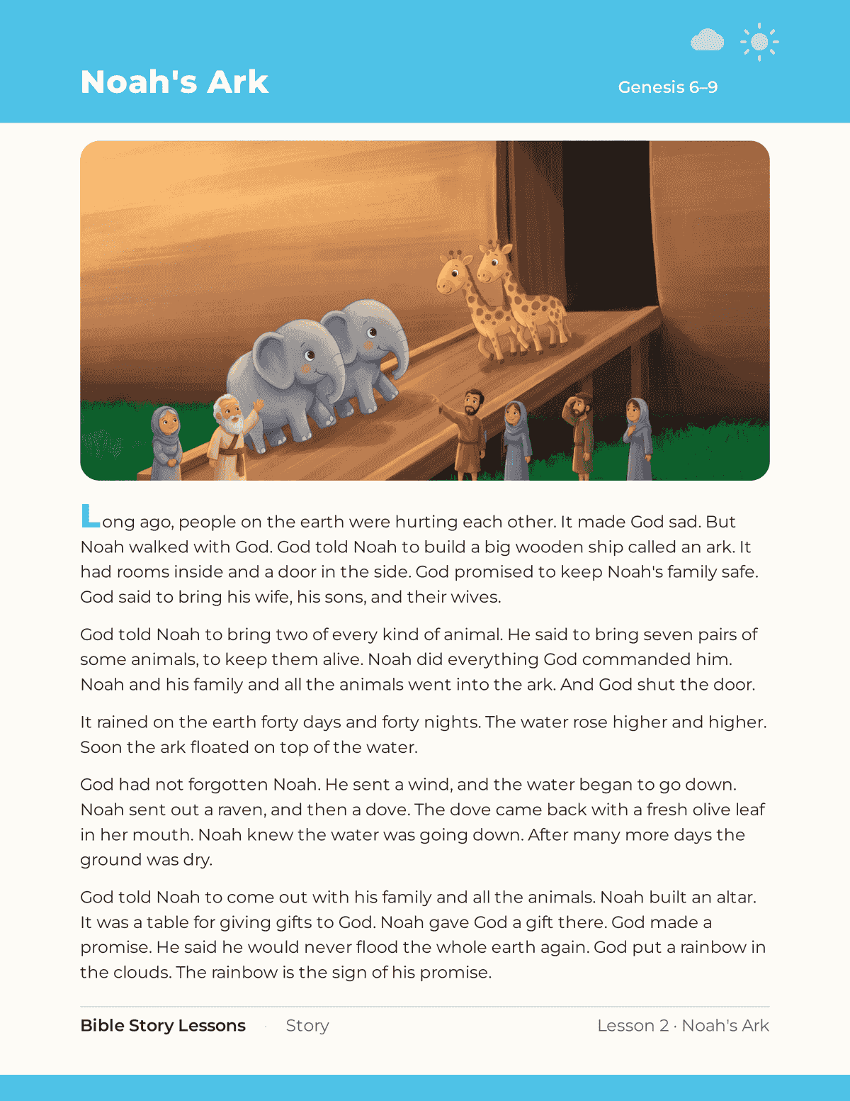 The Noah's Ark story page, with its illustration and the retelling underneath.