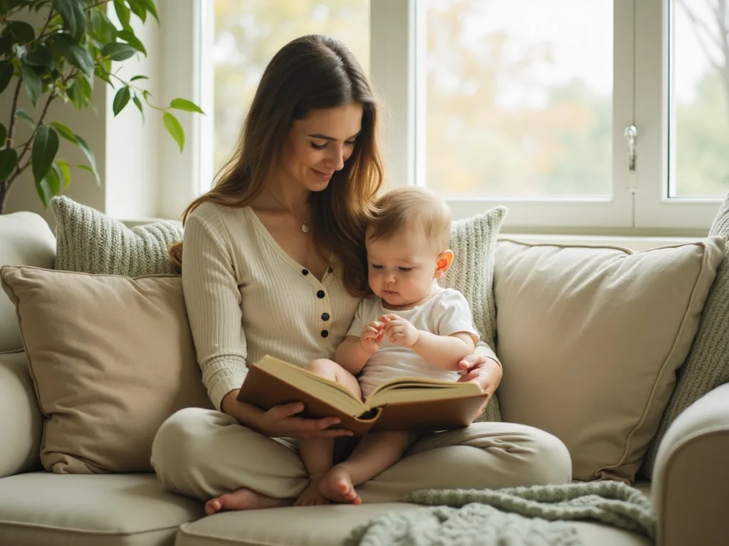 A parent and child reading a hand-illustrated Bible storybook together.