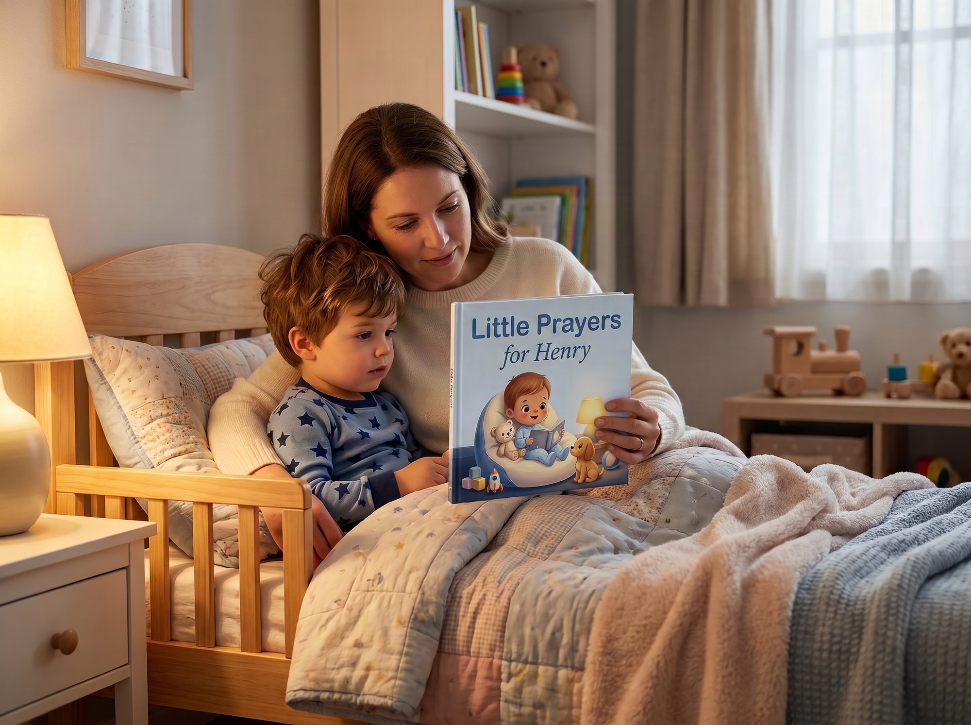 A mother reading the Little Prayers keepsake book, personalized with her child's name, at bedtime.