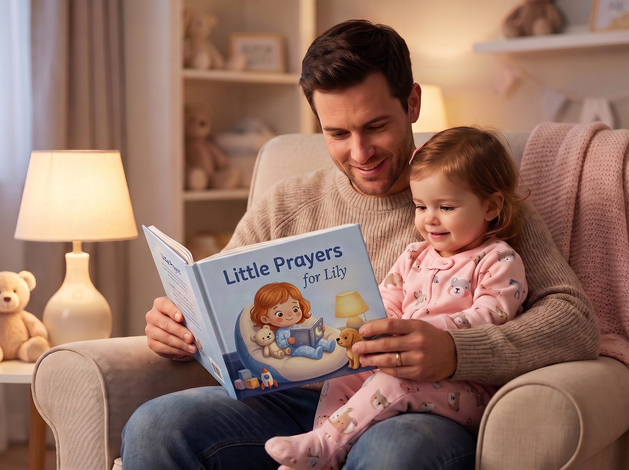 A father reading the Little Prayers keepsake book, personalized with his daughter's name, in an armchair.