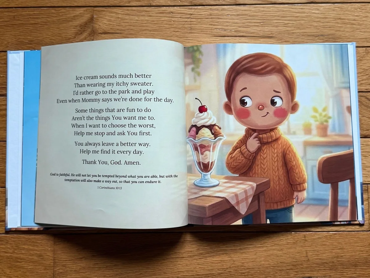 A hardcover copy of Little Prayers open at the choices prayer, with a boy in a sweater looking at an ice cream sundae.