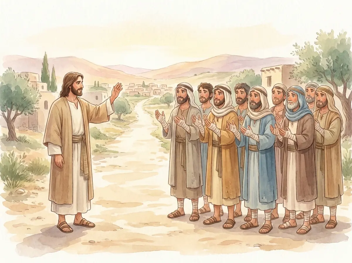 The Ten Lepers: Bible story illustration for kids