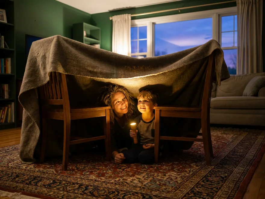 A mother and son peeking out of a blanket tent draped over two wooden chairs in a green-walled family room at dusk, the boy holding a lit flashlight