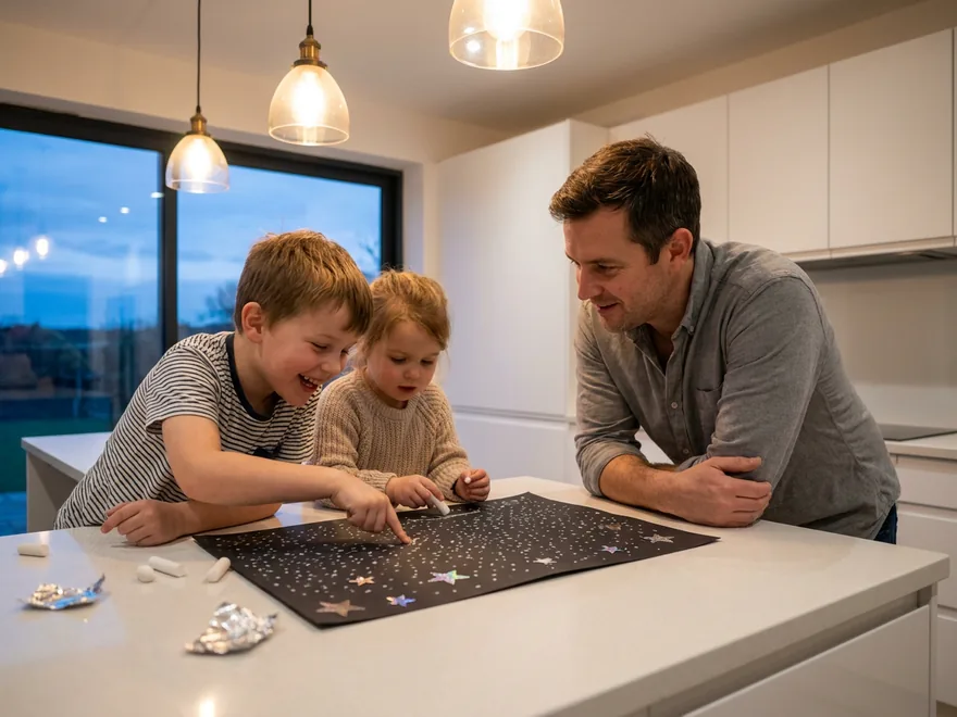 A boy laughing as he tries to count the chalk dots and foil stars on black paper at a white kitchen island at dusk, his little sister adding more dots and their father watching