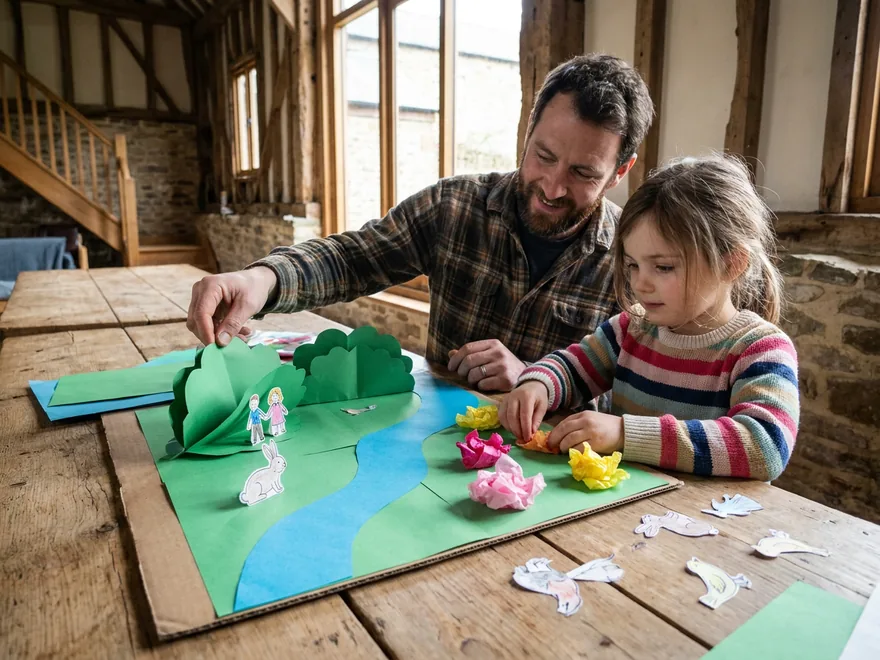 A girl pressing tissue-paper flowers onto a paper garden with a blue river and cut-out animals, her father lifting a paper bush to show two small paper people hiding behind it