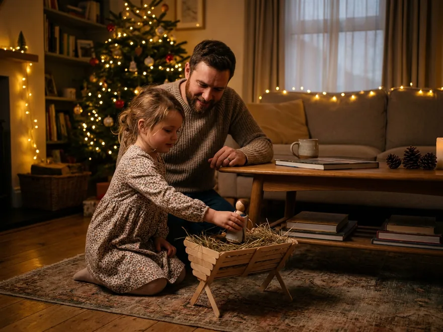 A girl laying a peg doll wrapped in white cloth into a straw-filled craft-stick manger by a lit Christmas tree, her father beside her