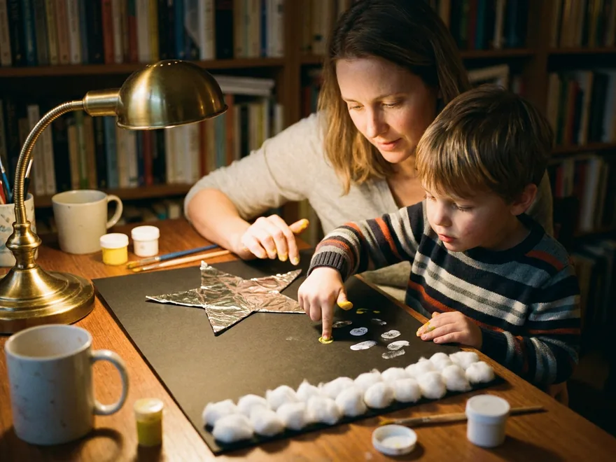 A boy pressing yellow and white fingerprints onto black paper under a foil star, a row of cotton-ball sheep along the bottom, his mother beside him in a book-lined study