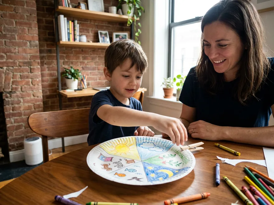 A boy moving a clothespin pointer around a paper plate divided into seven crayon-drawn slices of the days of creation, his mother beside him at a round table