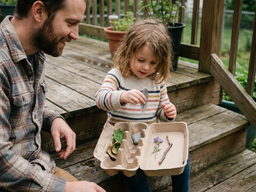 A girl on the wooden steps of a back deck placing a feather into an egg carton that already holds a leaf, a pebble, a flower and a twig, her father beside her