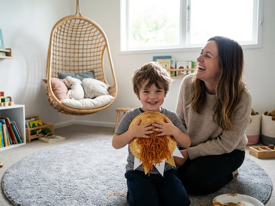 A boy in a bright bedroom with a hanging wicker chair holding a gold paper-plate lion with a yarn mane firmly shut, his mother laughing beside him