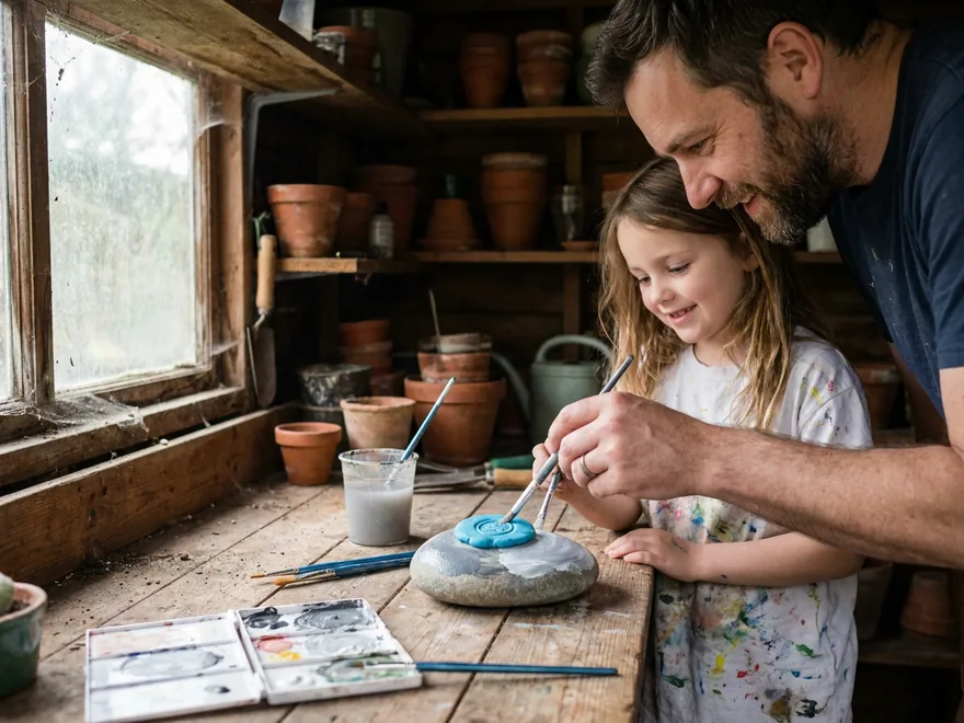 A girl and her father in a garden shed painting a smooth stone, a blob of blue play dough on top pressed with a round seal