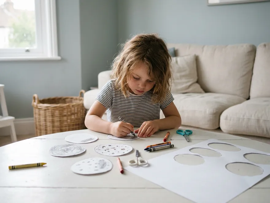 A young girl at a round white table in a living room, coloring one of five paper cut-out stones with crayons, the sheet they were cut from lying beside her