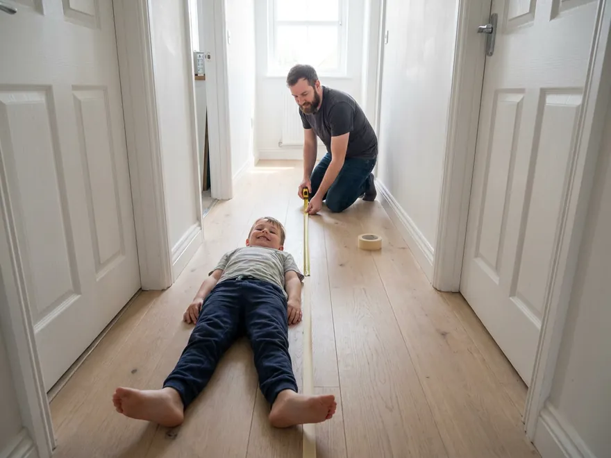 A boy lying on a hallway floor beside a long strip of masking tape, grinning, while his father kneels at the far end measuring the tape